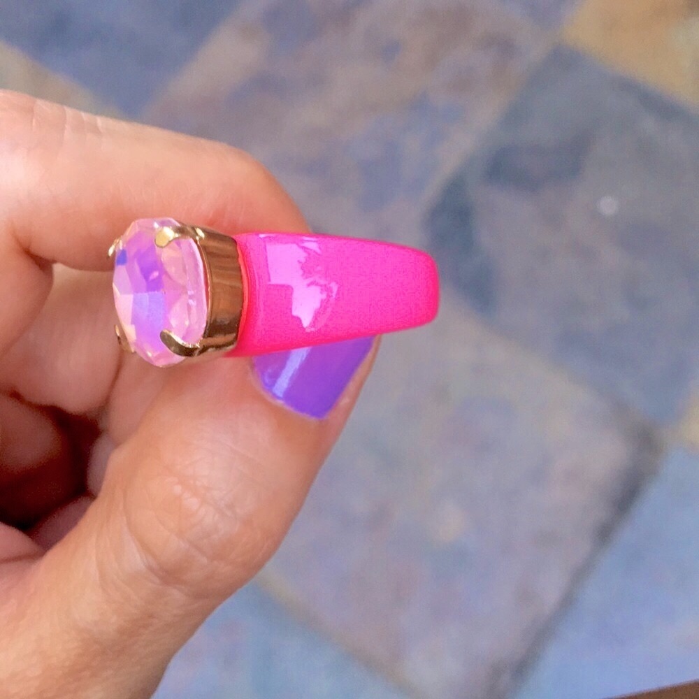 Lilac Pink Opal Oval Aurora Borealis Crystal + Hot Pink Ring - Picture 4 of 16